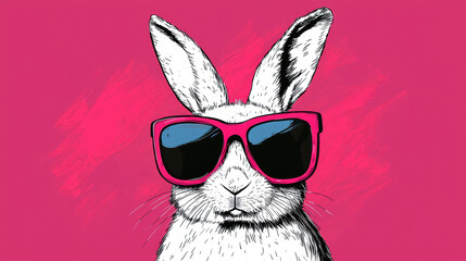 White rabbit wearing oversized pink sunglasses with blue lenses on bright pink background, creating playful and cool vibe
