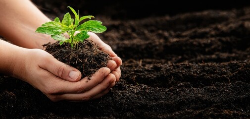 The nurturing hands of a gardener planting a young green seedling in rich soil