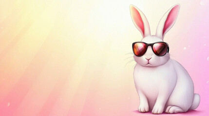 White rabbit wearing sunglasses with pink and orange reflection, sitting on soft pastel background with light rays and gentle mood