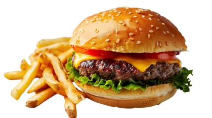 A delicious burger featuring a sesame seed bun, juicy beef patty, melted cheese, fresh lettuce, and slices of tomato, accompanied by golden fries.
