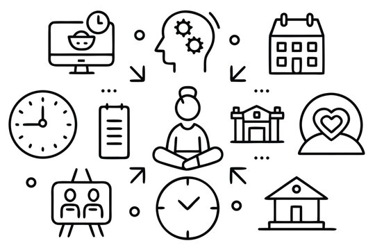 Black line icons depicting work life balance elements and activities vector illustration