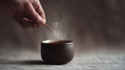 Serene still life capturing a hand gently stirring a steaming beverage in an earthy ceramic cup. Evokes warmth, mindfulness, and ritual. Ideal for wellness content.