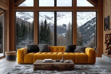 Yellow tufted sofa near a rustic coffee table in a Scandinavian-style two-story living room. 3D rendering, Generative AI