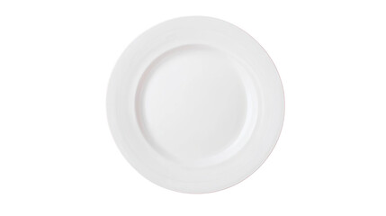 A simple, round white plate with a smooth surface and slightly raised rim.