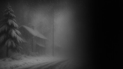 吹雪に包まれた雪国の住宅と道路のモノクロ風景