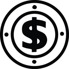 Simple black and white icon of a coin featuring a prominent dollar sign in the center surrounded by a circle and dots