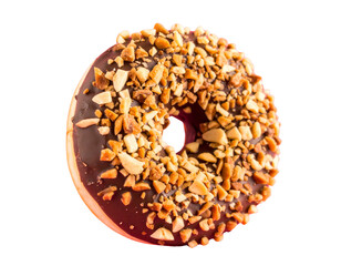 Chocolate and White Iced Donut with Crushed Nuts, Top View, Isolated on Transparent Background.