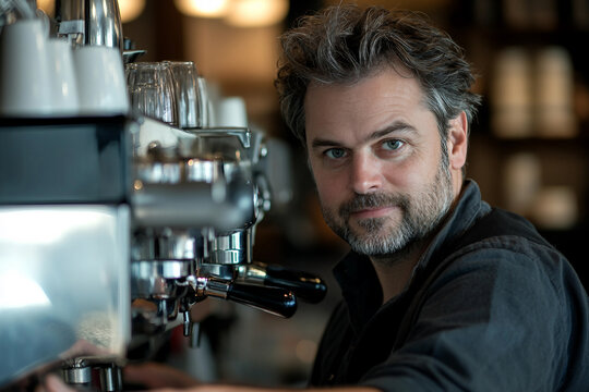 Generative AI image of stylish barman or barista working in trendy urban cafe or restaurant interior