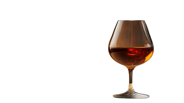 A elegantly shaped glass filled with amber liquid, showcasing its rich color and reflections.