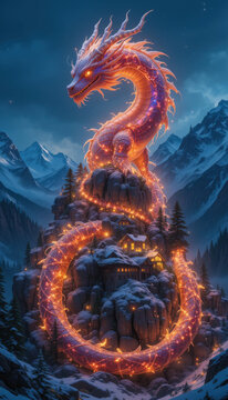Mythical fiery dragon coiled around a mountain village under a starry sky