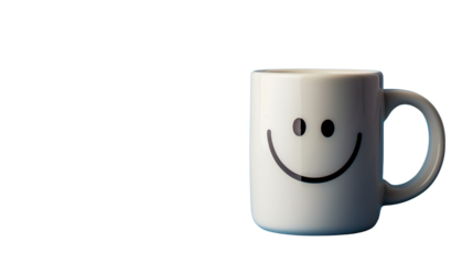 A white mug featuring a smiling face design, conveying a cheerful and inviting expression.