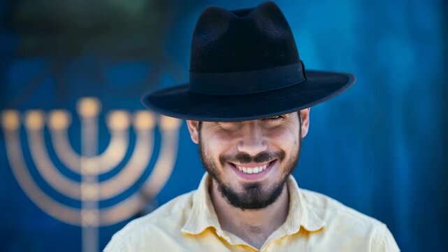 Jewish man adjusts his hat and smiles at the camera with a menorah in the background, a holiday concept.