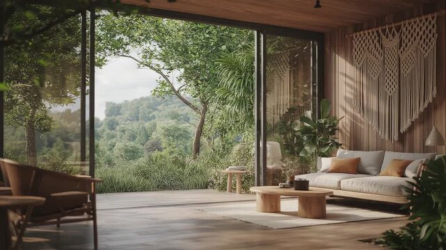 Luxury tropical villa interior with open sliding glass doors overlooking lush green jungle landscape and stylish modern wooden living room decor

