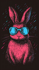 Abstract rabbit with luminous blue sunglasses and pink fur on dark background, vibrant colorful lines create dynamic and cool artistic expression
