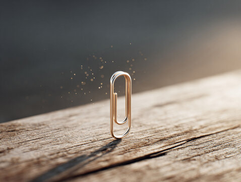 Golden paperclip resting on textured wood. Symbolic of connection, organization, or simplicity. Ideal for business, office, or creative themes. Warm light, macro.