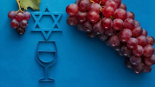 Jewish holiday concept with star of david, grape, and wine glass elements arranged on blue surface footage
