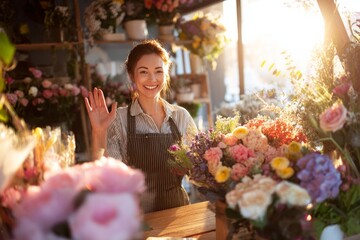 Morning in a flower shop with sunlight on colorful bouquets A smiling cashier wraps flowers and gives a cheerful wave The mood is light and sweet, Generative AI