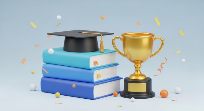 Academic Achievement: Graduation Cap, Books, and Golden Trophy Celebration - Powered by Adobe