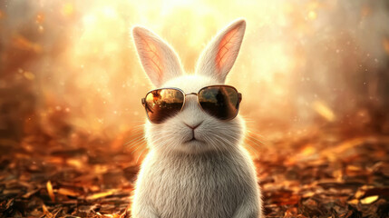 Cute white rabbit with sleek designer sunglasses in warm autumn forest light, creating charming and stylish mood