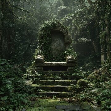 Overgrown stone throne in forest. Ruined empire. Fantasy concept for history project