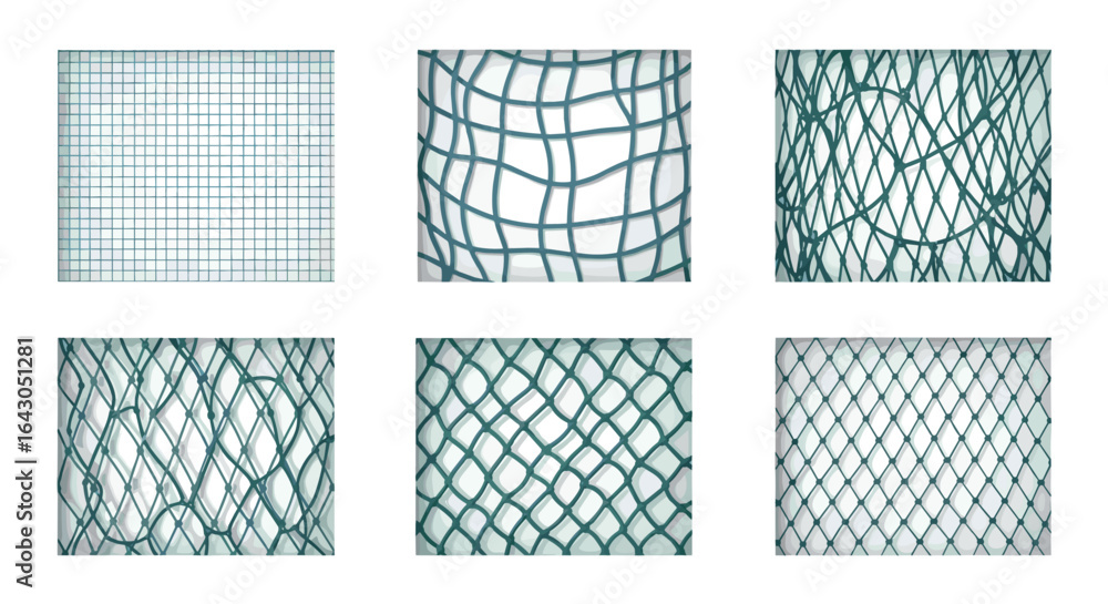 Poster six abstract grid and net patterns with twisted geometric designs