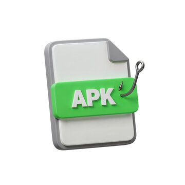 3d illustration of an apk file icon with a fishing hook attached representing malware or a security threat isolated on transparent background