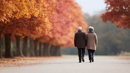 Elderly couple strolling handinhand on an autumn path lined with vibrant foliage. Represents enduring love, companionship, and peaceful retirement. Great for seniorfocused campaigns.