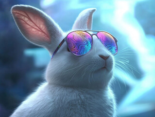 Psychedelic white rabbit wearing colorful reflective sunglasses with swirling patterns in cool blue background