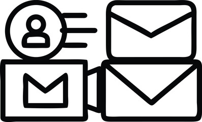 Black outline icons of person and envelopes on white background communication message
