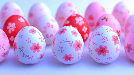 Decorated Easter eggs with pink floral patterns arranged on light surface, creating festive and cheerful spring atmosphere