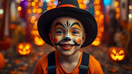 Adorable Little Boy in Black Hat with Cute Halloween Makeup, Happy Celebration with Pumpkins and Bokeh Background











