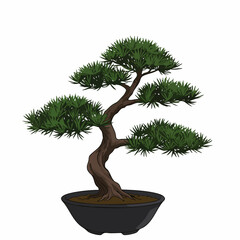 Stylized Bonsai Tree with Dark Green Foliage and Curving Trunk in Black Pot