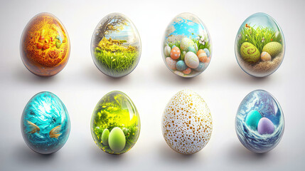 Easter eggs decorated with nature scenes, grass, flowers, nests, and colorful patterns creating festive and vibrant holiday atmosphere