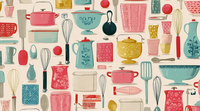 Colorful kitchenware pattern featuring various utensils and pots in playful designs.