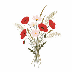 Stylized Bouquet of Red Poppies, White Cosmos, and Golden Wheat Illustration