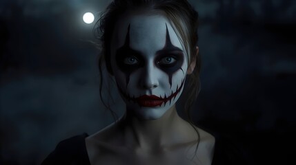 Young Girl with Halloween Makeup Celebrating Festival at Night – Spooky and Festive Costume
