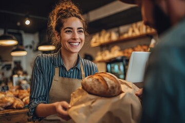 Morning in a local bakery with the smell of fresh bread and coffee A smiling cashier hands a paper bag to a customer and thanks them The mood is warm and cheerful, Generative AI