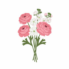 Fototapeta premium Delicate bouquet of pink ranunculus and white blossoms with green foliage