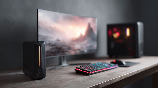 Sleek gaming setup with desktop, curved monitor displaying fantasy landscape, RGB keyboard, and mouse. Represents modern tech, esports,  immersive digital experiences.