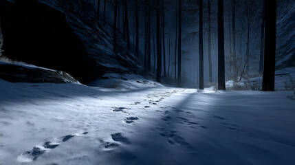Mysterious Snowy Forest Pathway with Footprints
