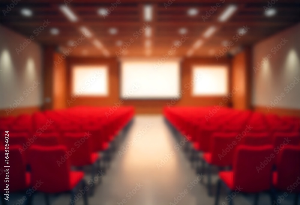 Poster generative ai depicts a modern lecture hall with red chairs and display screens for education and
