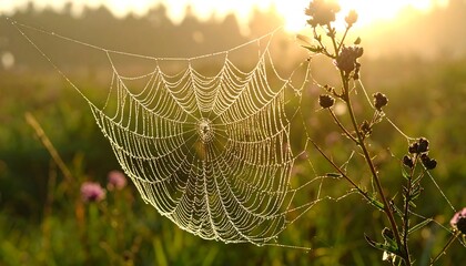 Dew-kissed spider web in meadow sunrise
