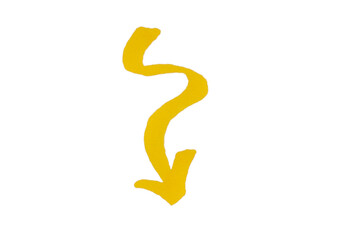 A single, hand-drawn yellow arrow with a zigzagging, wavy line, pointing straight downward,...