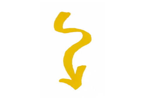 A single, hand-drawn yellow arrow with a zigzagging, wavy line, pointing straight downward, symbolizing a turbulent decline or a complex, unpredictable path downwards.