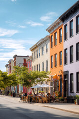 Fototapeta premium Charming street scene with colorful row houses and a sidewalk cafe. Captures community, lifestyle, and urban living. Perfect for travel, real estate, or social themes.