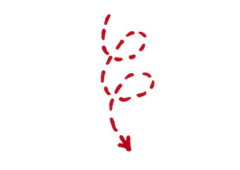 A simple, hand-drawn red dotted arrow with a winding, spiral-like path, pointing downwards. This...