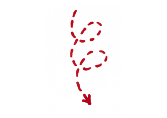 A simple, hand-drawn red dotted arrow with a winding, spiral-like path, pointing downwards. This doodle on a light background can symbolize a descending path, a complex route, or a change in direction