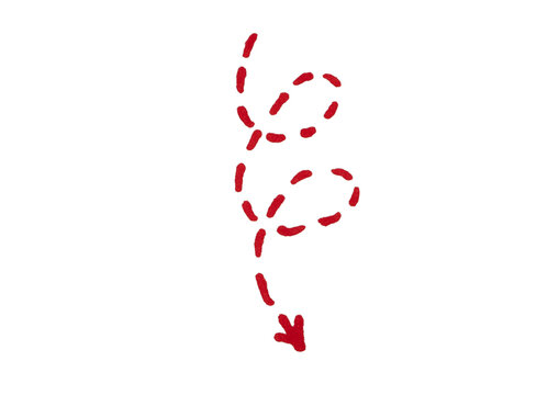 A simple, hand-drawn red dotted arrow with a winding, spiral-like path, pointing downwards. This doodle on a light background can symbolize a descending path, a complex route, or a change in direction