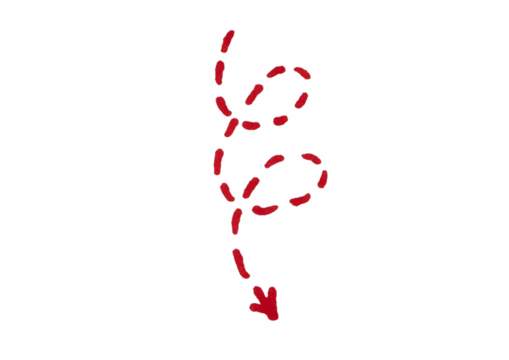 A simple, hand-drawn red dotted arrow with a winding, spiral-like path, pointing downwards. This doodle on a light background can symbolize a descending path, a complex route, or a change in direction