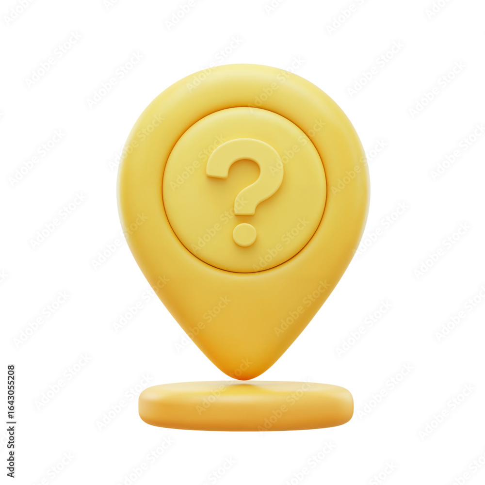 Poster 3d rendered yellow location pin icon with a question mark inside isolated on transparent background